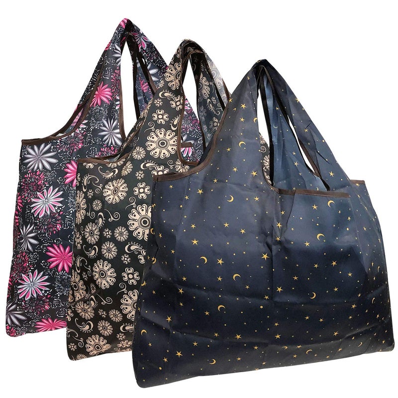 allydrew Large Foldable Tote Nylon Reusable Grocery Bag, 3 Pack, Midnight Madness - Image 1